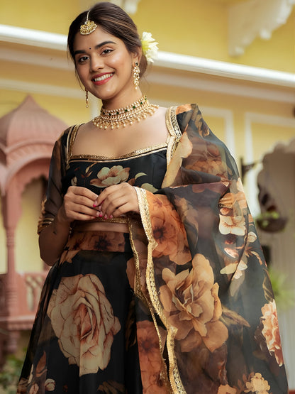 Black Floral Printed Lehenga Choli with Organza Dupatta