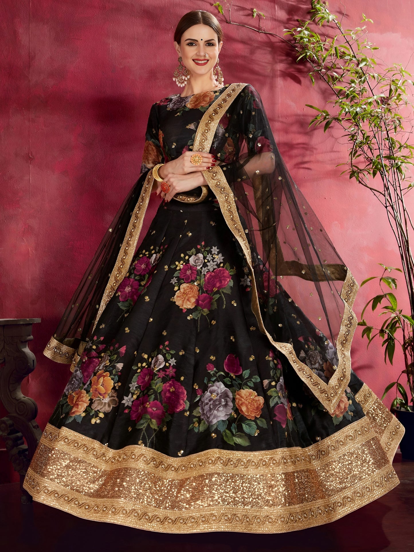 Black Floral Printed Lehenga with Designer Blouse & Net Dupatta
