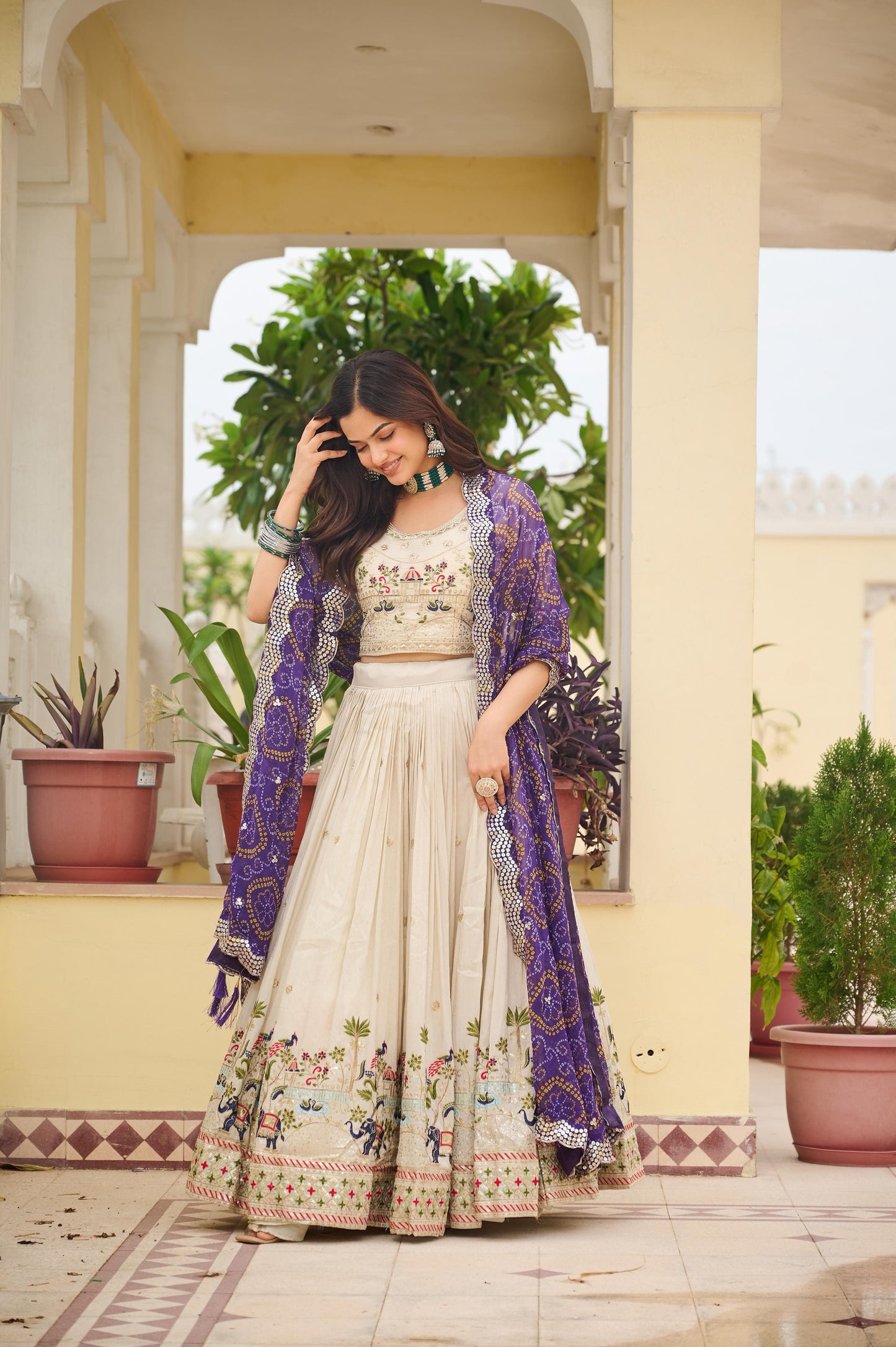 Ivory Elephant Motif Embroidered Lehenga Set with Bandhani Dupatta