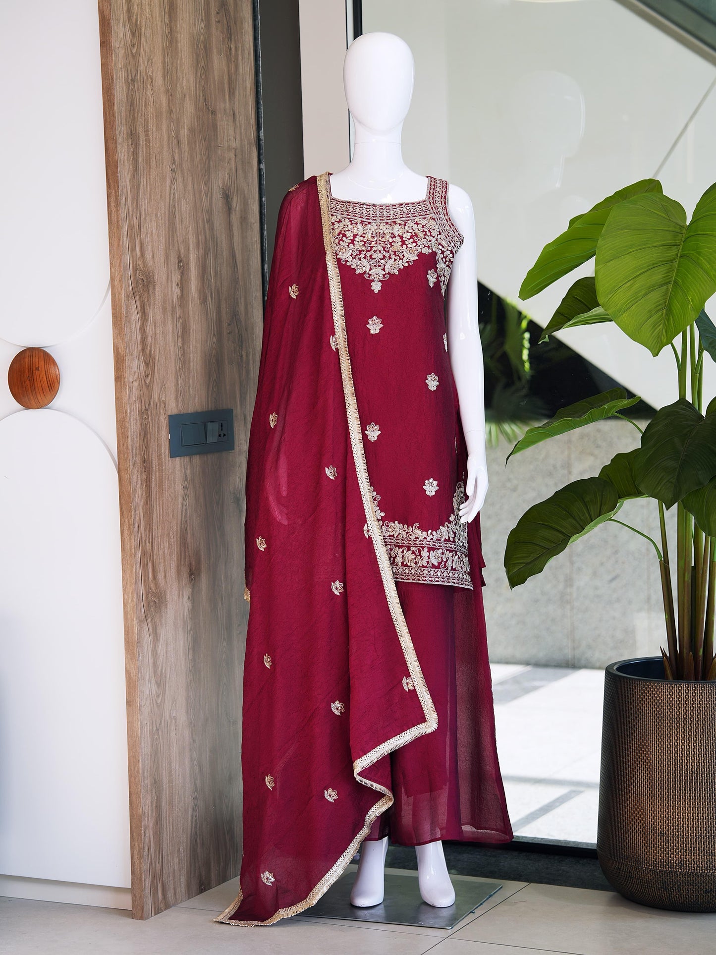 Gold Zari Rangoli Crush Straight-Cut Kurta Palazzo Set with Dupatta