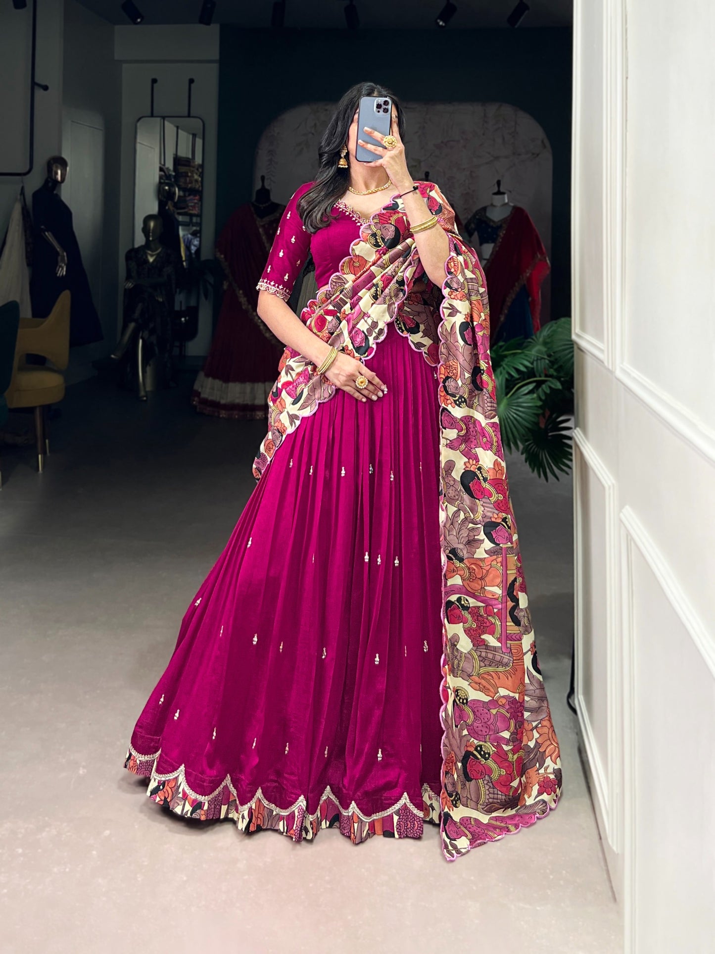 Vichitra Silk Lehenga Choli with Kalamkari Print Border & Tasar Silk Dupatta