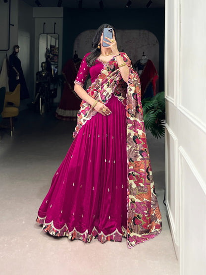 Vichitra Silk Lehenga Choli with Kalamkari Print Border & Tasar Silk Dupatta