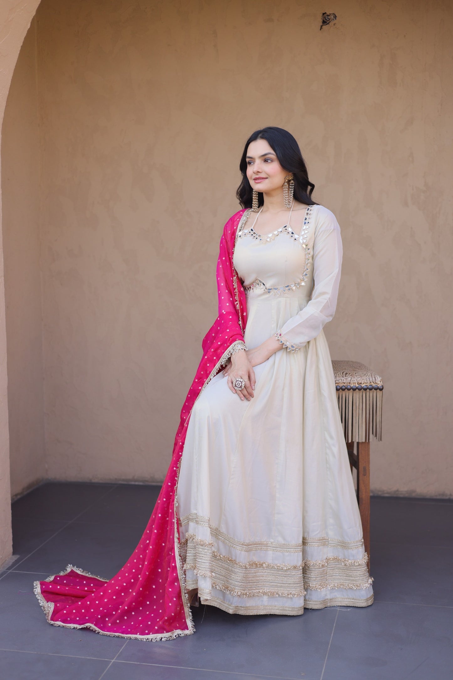 Vintage Real Mirror Anarkali Gown with Dupatta