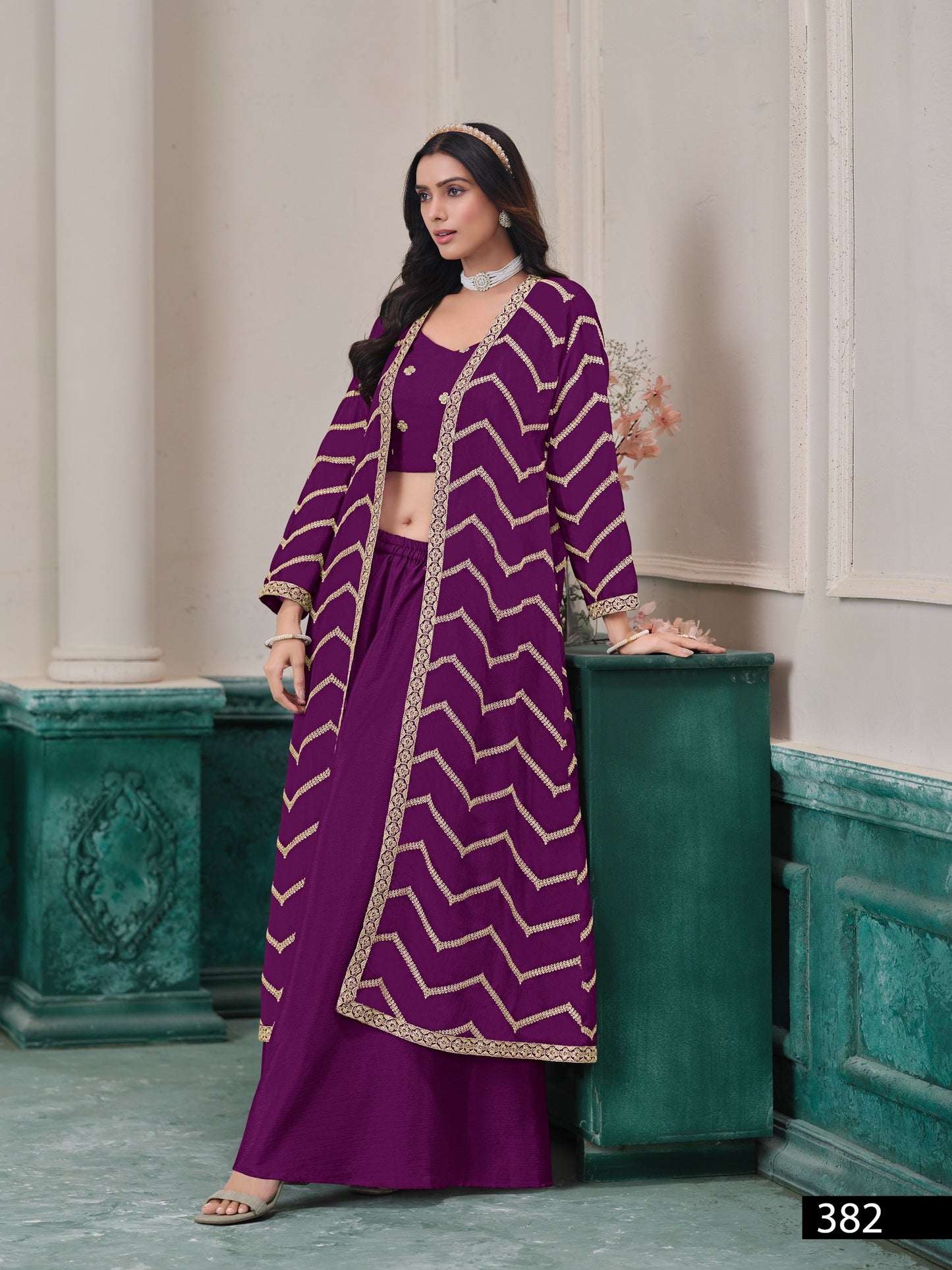 Chevron Zari Work Long Shrug Set with Crop Top and Palazzos