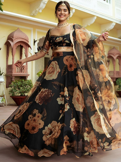 Black Floral Printed Lehenga Choli with Organza Dupatta