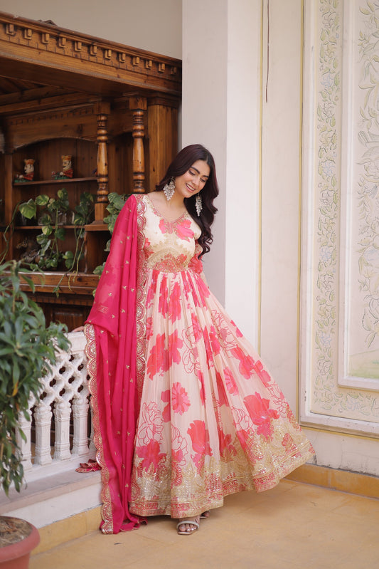 Roseate Bloom Printed Anarkali Gown