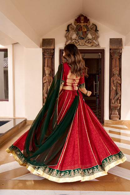 Crimson Red & Emerald Green Bandhani Print Navratri Special Designer Lehenga Choli