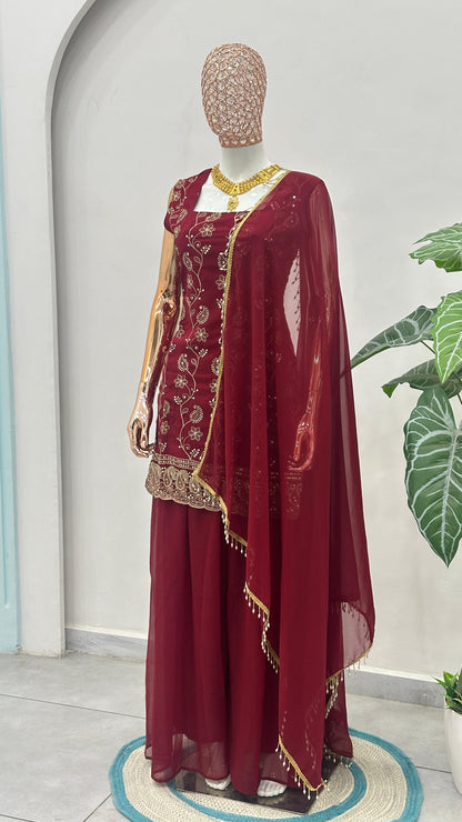 Exquisite Georgette Sharara Suit with Elegant Gold Floral Embroidery