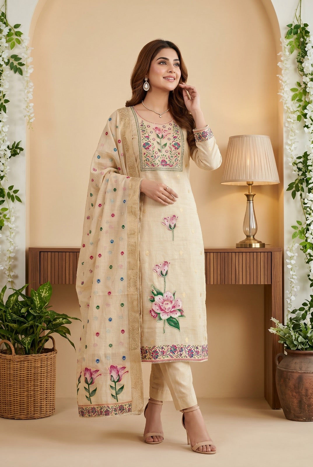 Elegant Banarsi Cotton Kurta Set with Hand Work
