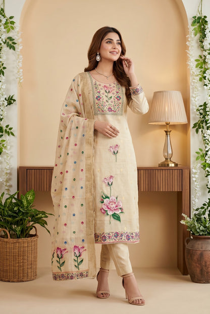 Elegant Banarsi Cotton Kurta Set with Hand Work
