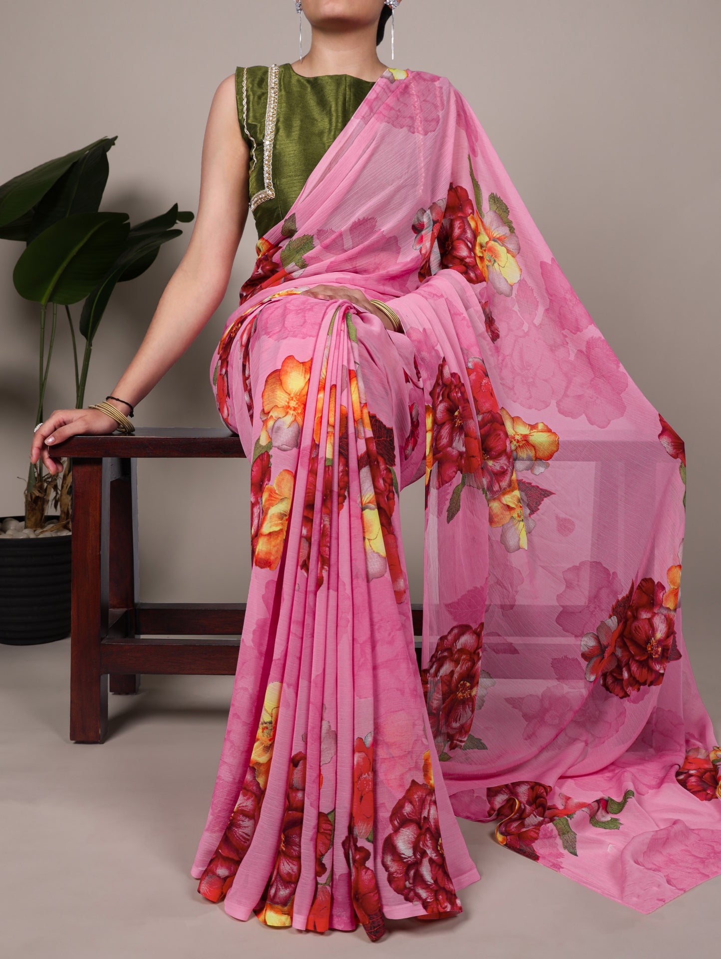 Chiffon Floral Printed Saree with Stitched Banglory Blouse