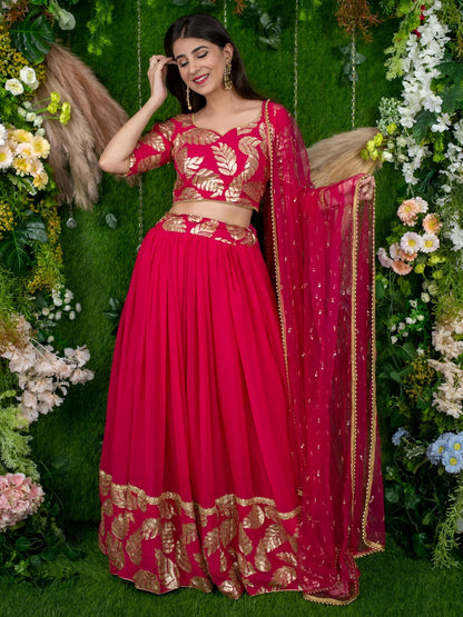 Hot Pink Designer Lehenga with Golden Leaf Embroidery