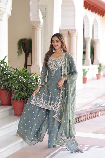 Premium Designer Sharara Set - Fendi Silk Embroidered Kurti with Dupatta
