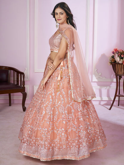 Peach Pink Embroidered Net Lehenga Choli