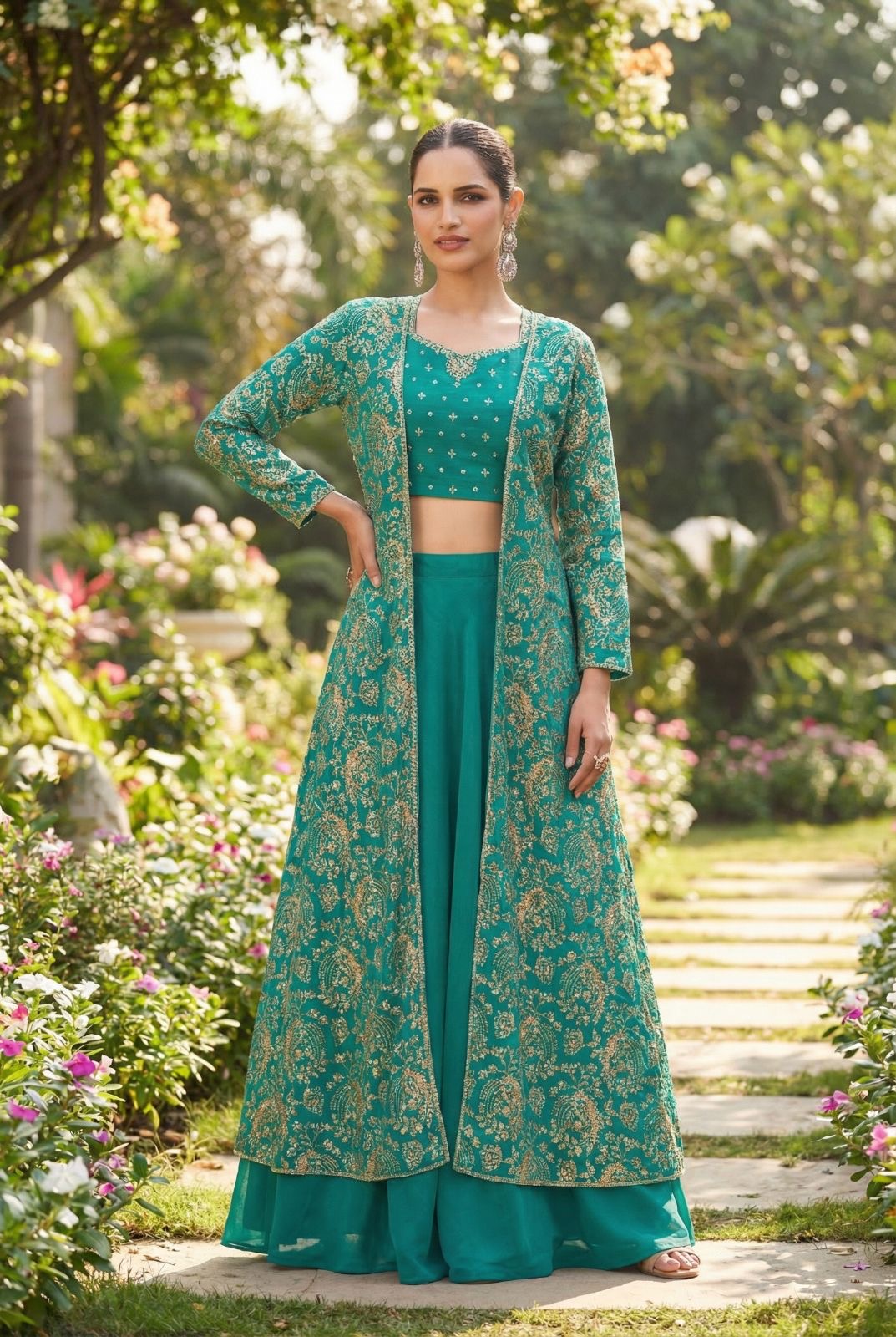 Vibrant three-piece fusion ensemble Plazo set