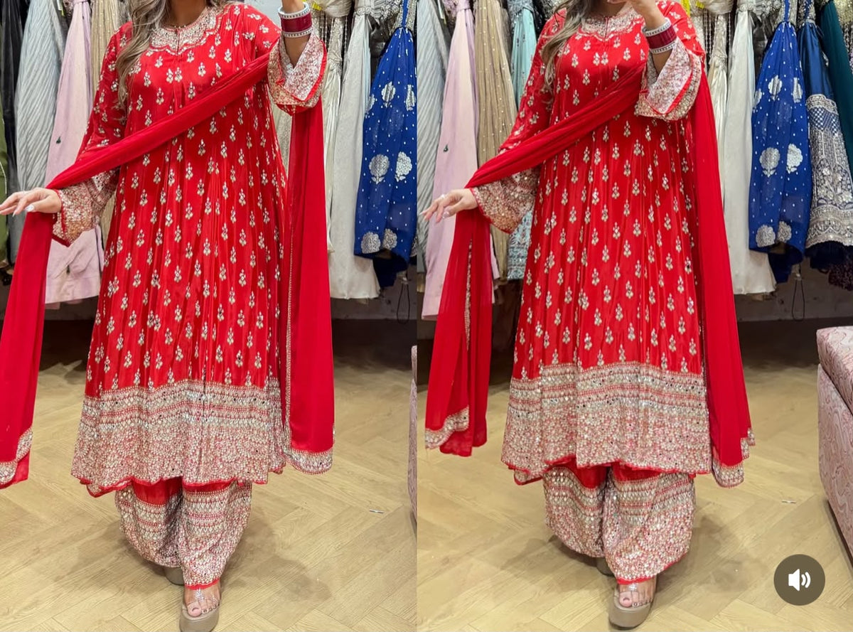 Pure crepe suit set with handwork detailing on print full flaired anarkali