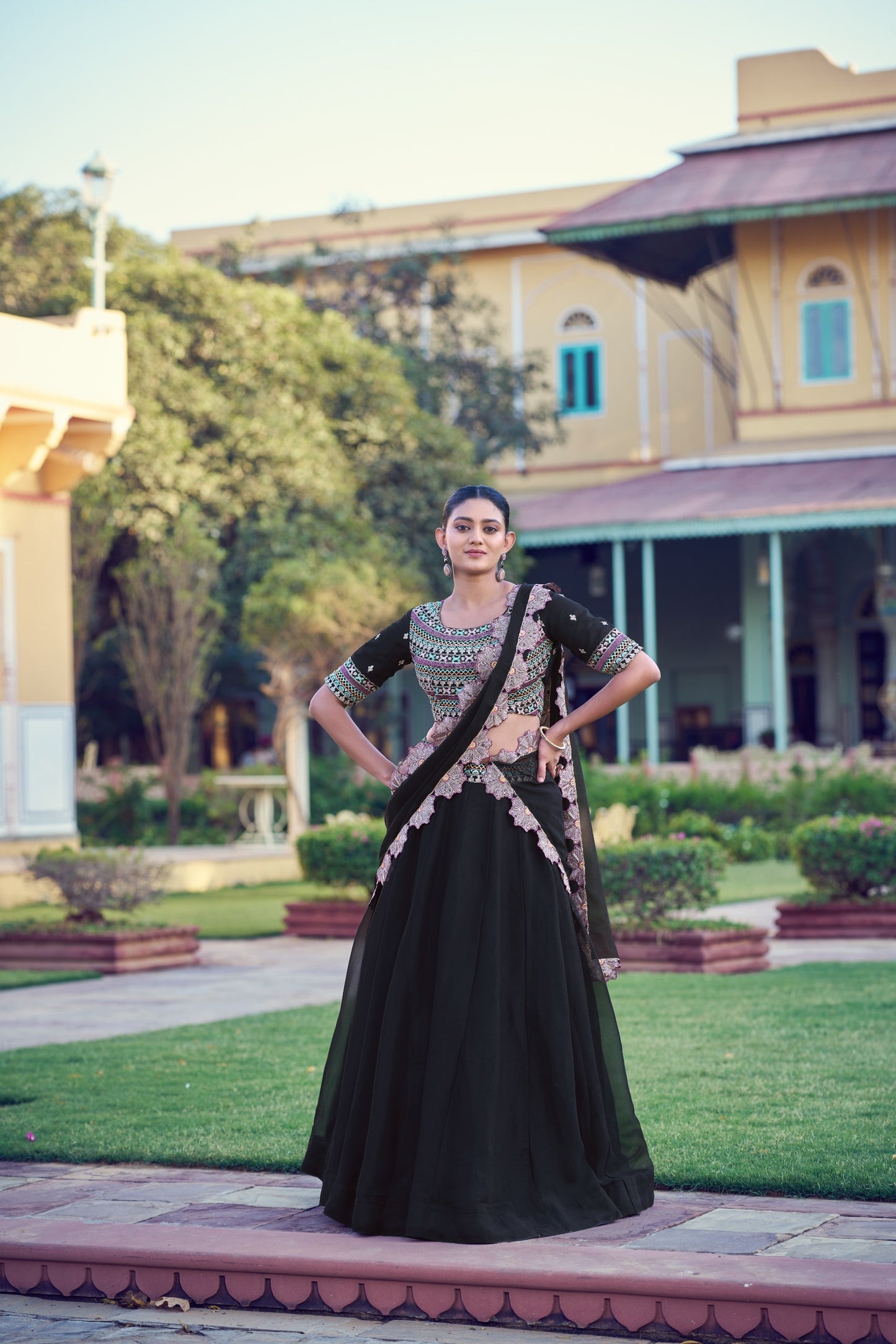 Black Aurum Georgette Lehenga Choli with Thread & Sequins Embroidery