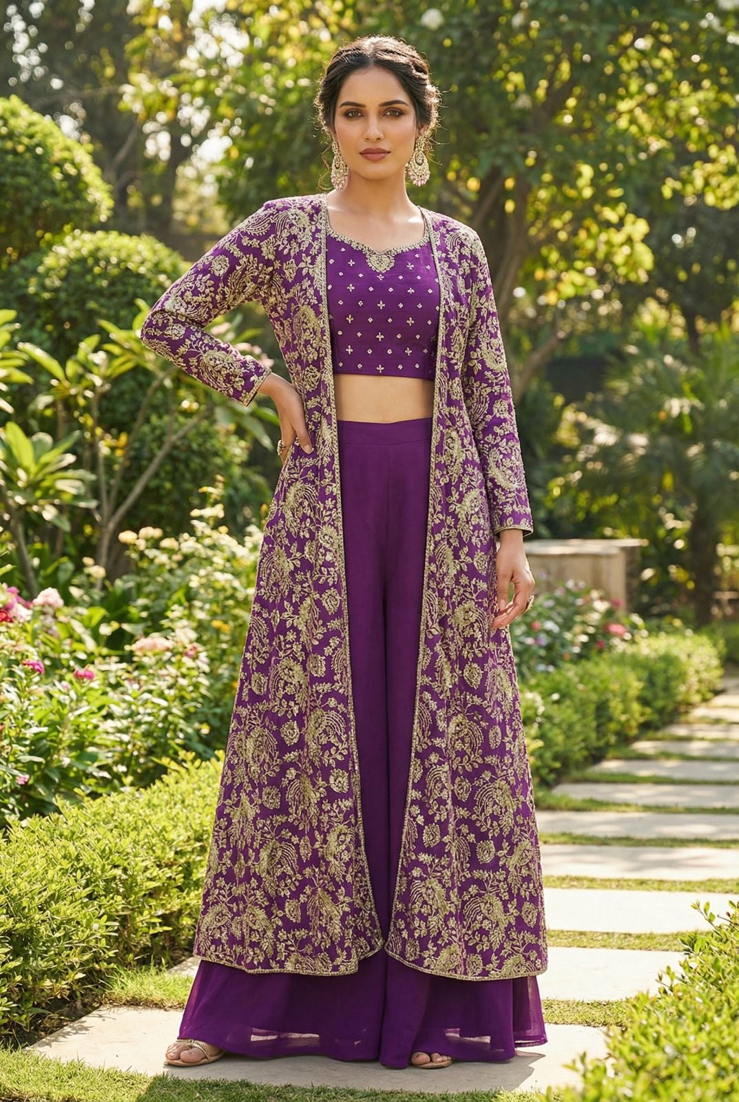 Vibrant three-piece fusion ensemble Plazo set