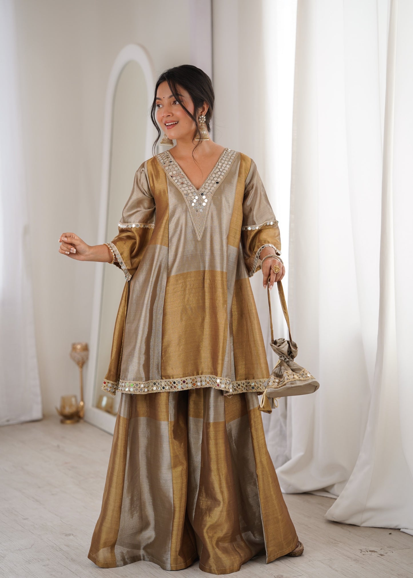 Antique Gold & Ivory Mirror-Work Suit with Batwa