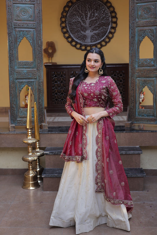 Floral Zari Work Ethnic Lehenga Choli with Scalloped Dupatta