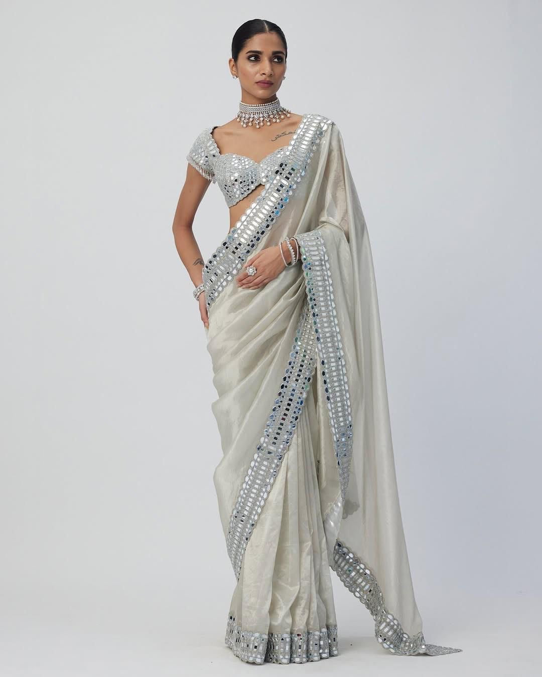 Soft Satin Organza Saree with Real Mirror Work Embroidery