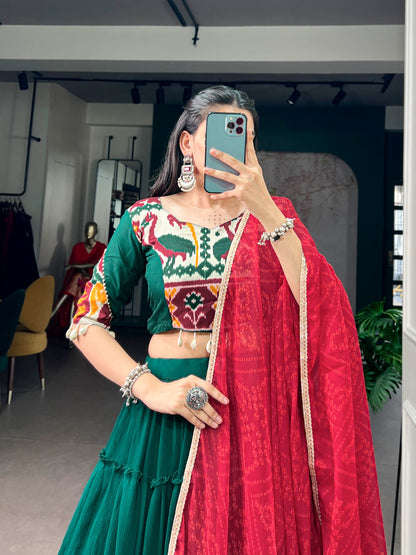 Navratri Special Bottle Green Marble Lehenga Choli with Red Bandhani Dupatta