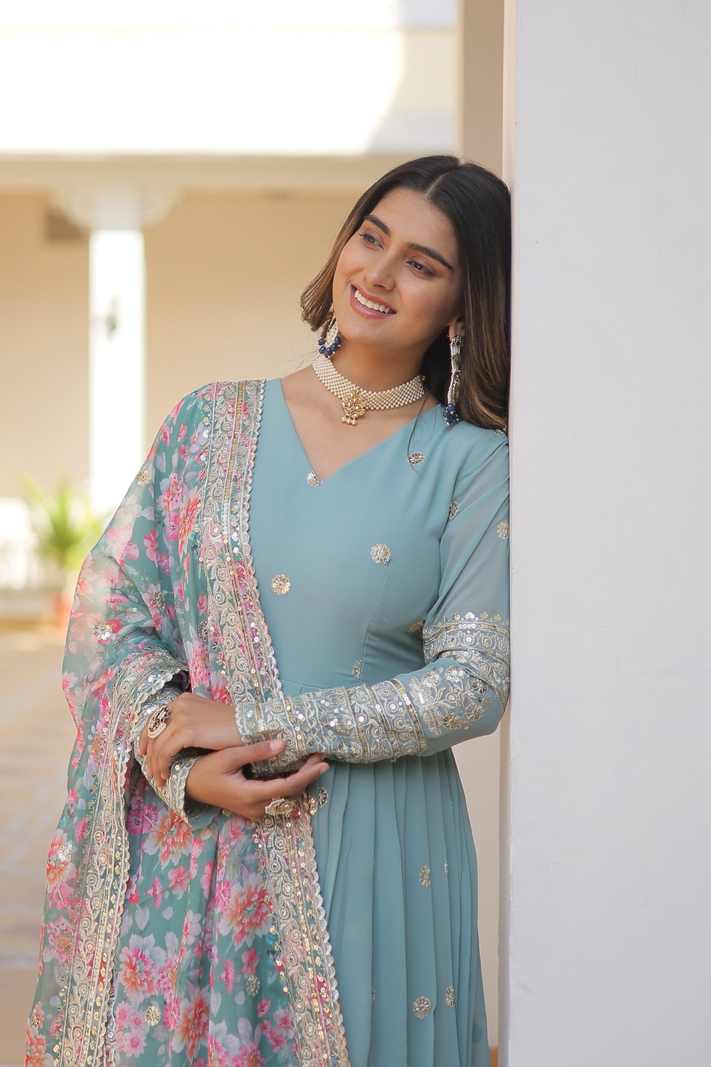 Floor-Length Anarkali gown with a vibrant Floral Dupatta