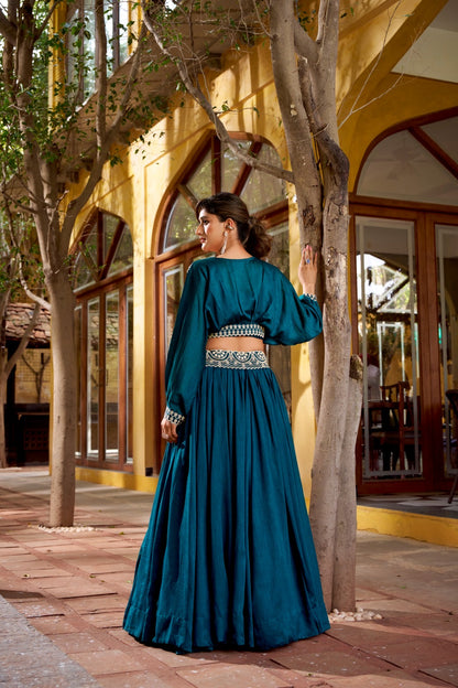 Vichitra Silk Co-ord Lehenga Set with Thread Embroidery & Stitched Blouse
