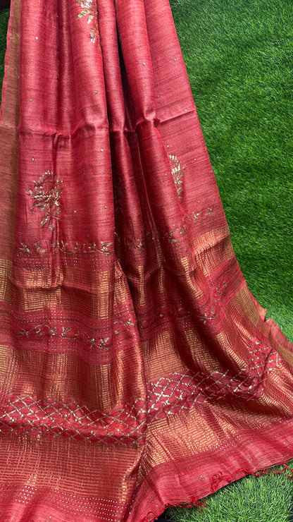 Pure Desi Tussar Silk Saree with Heavy Mukesh Work & Blouse