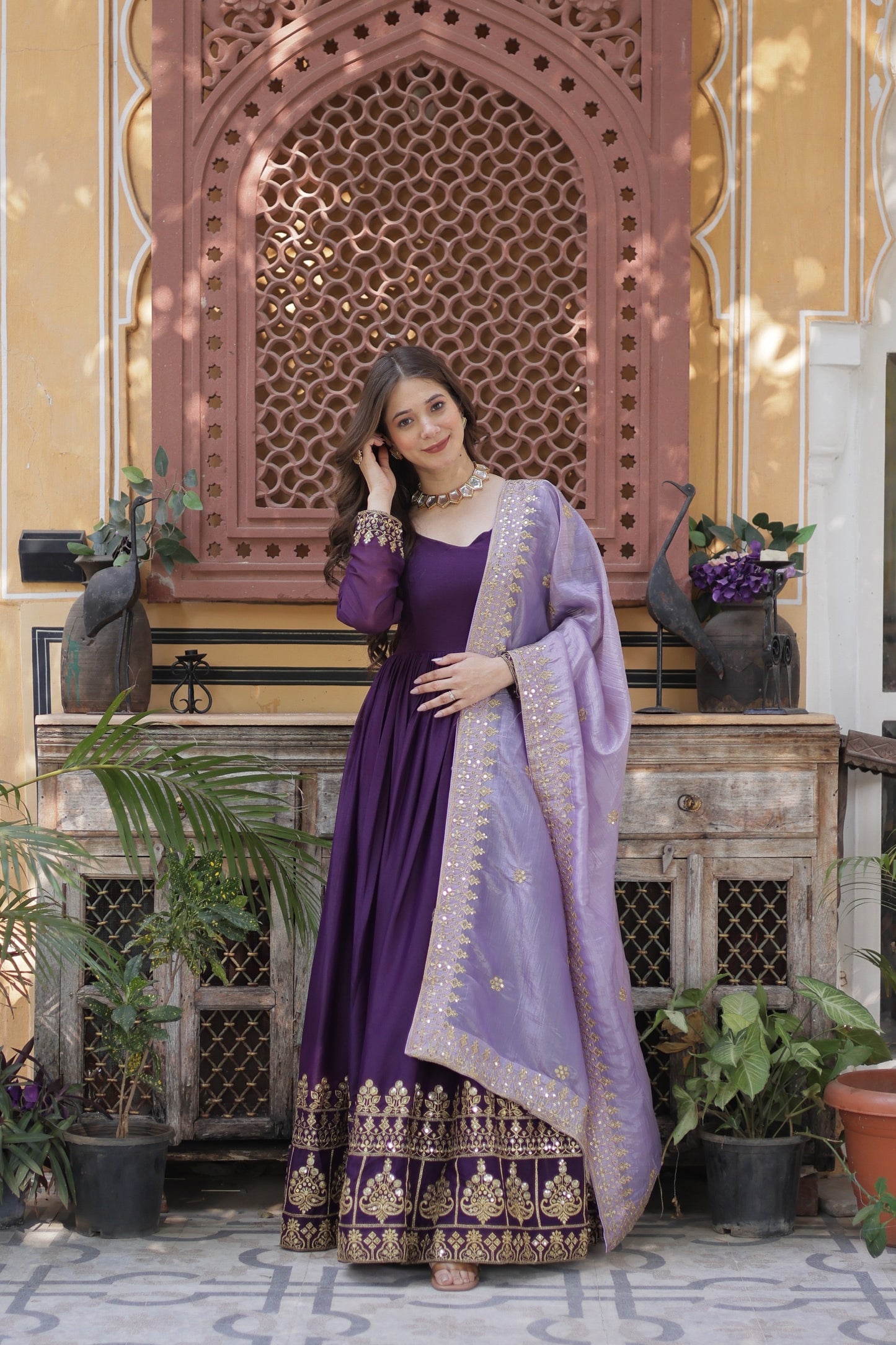 Designer Readymade Gown - Star Georgette Embroidered with Zari Sequins & Dupatta