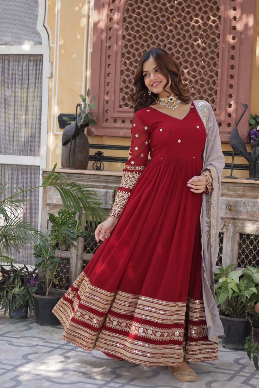 Crimson Red Faux Blooming Anarkali Gown with Zari Sequin Embroidery & Dupatta