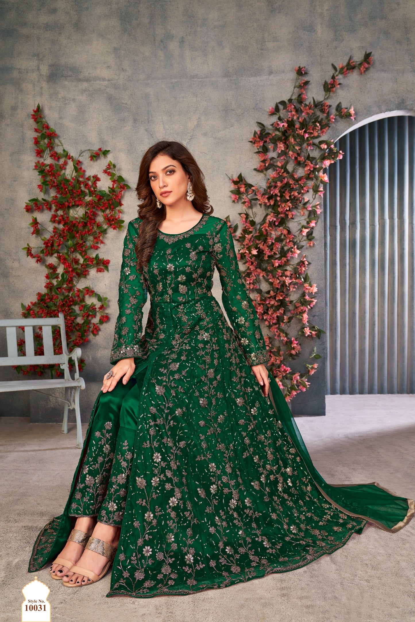 Floral Embroidered Net Front-Open Suit with Satin Pants & Dupatta