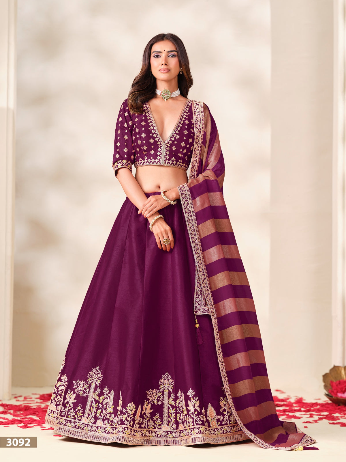 Embroidered Art Silk Lehenga Set with Gold-Striped Dupatta