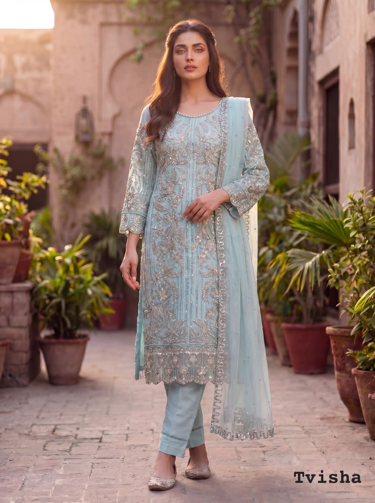 Intricate Silver Threadwork Soft Net Ethnic Suit