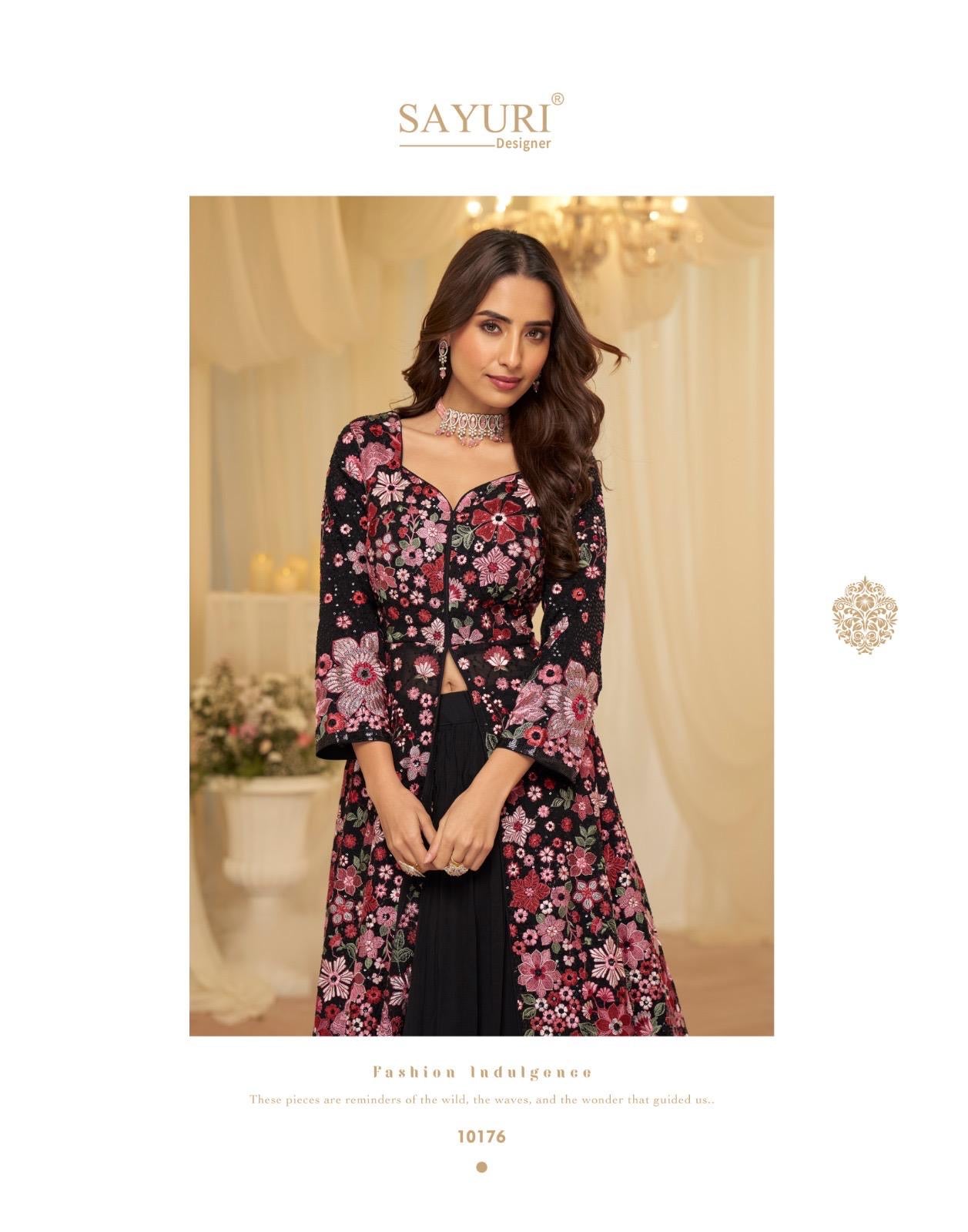 Floor-length, front-jacket floral embroidered lehenga