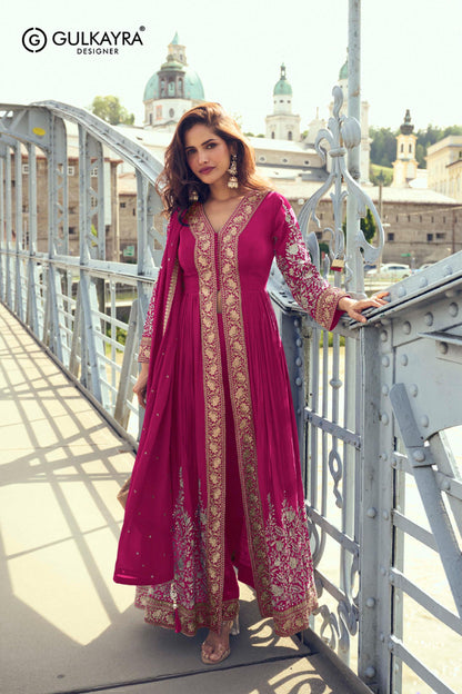 Front-open jacket-style Anarkali paired with matching trousers and a lightweight dupatta