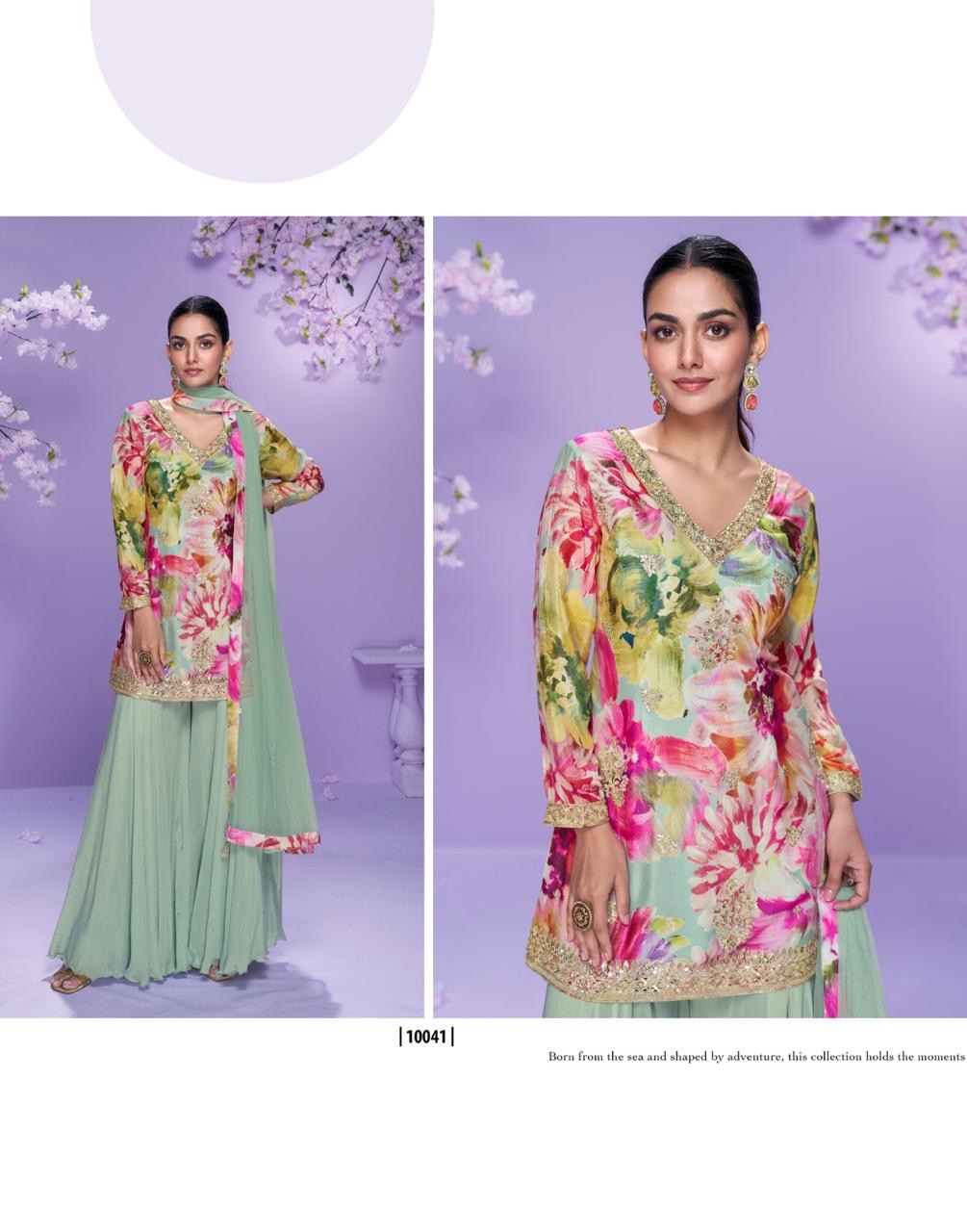 Chinon Silk Sharara Set with Hand Mirror Work Embroidery & Net Dupatta
