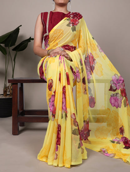 Chiffon Floral Printed Saree with Stitched Banglory Blouse