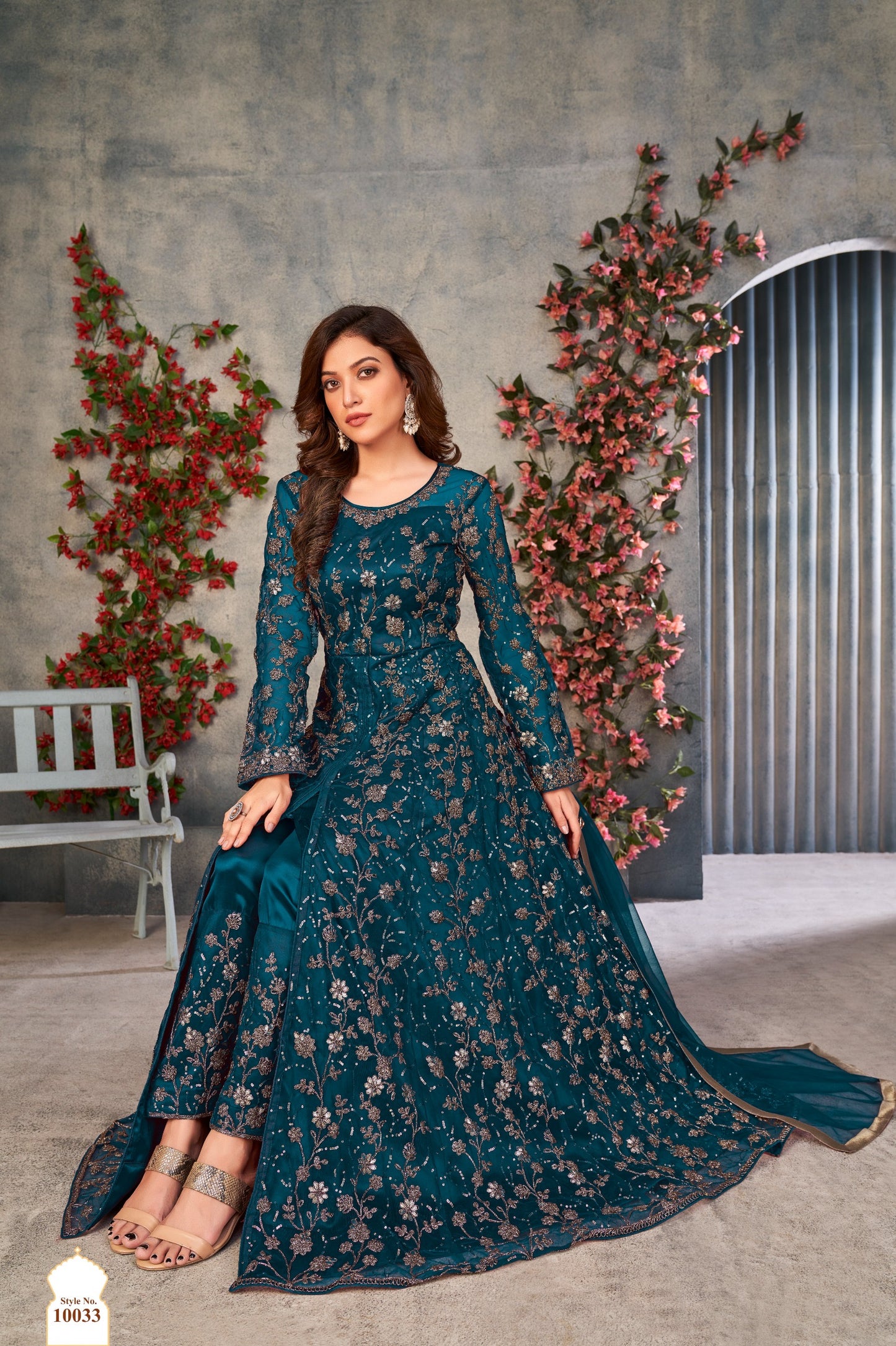 Floral Embroidered Net Front-Open Suit with Satin Pants & Dupatta