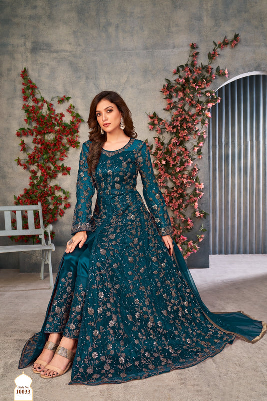 Floral Embroidered Net Front-Open Suit with Satin Pants & Dupatta