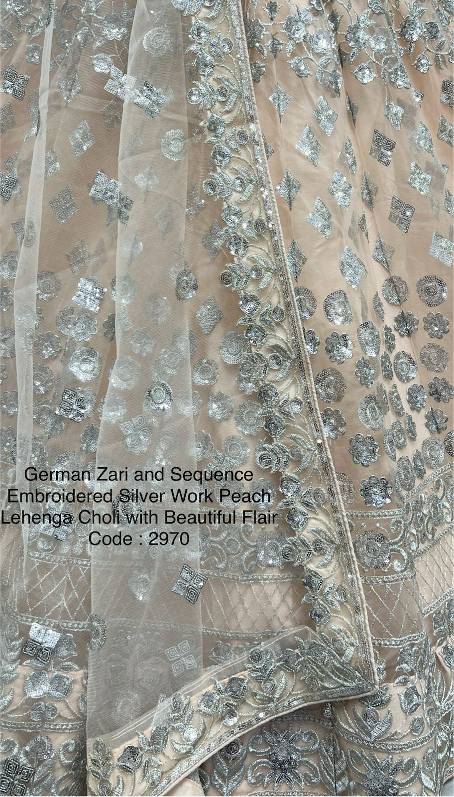 German Zari and Sequin Embroidered Silver Work Peach Lehenga Choli with Beautiful Flair