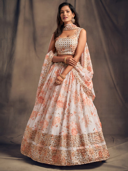 White & Peach Floral Printed Designer Lehenga Choli