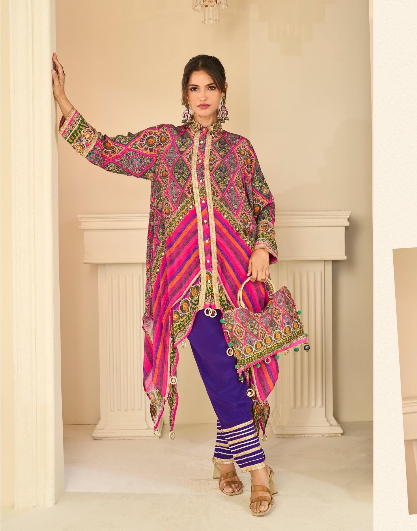 Multi-Color Geometric Print High-Low Tunic with Embellished Trousers with handbag