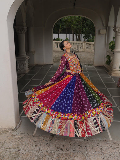 Multi-Color Bandhani & Kutchi Mirror Work Navratri Lehenga Choli