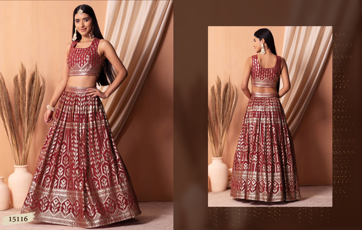 Traditional lehenga choli, featuring intricate metallic foil work