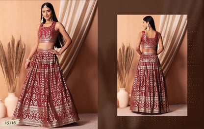 Traditional lehenga choli, featuring intricate metallic foil work