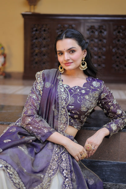 Floral Zari Work Ethnic Lehenga Choli with Scalloped Dupatta