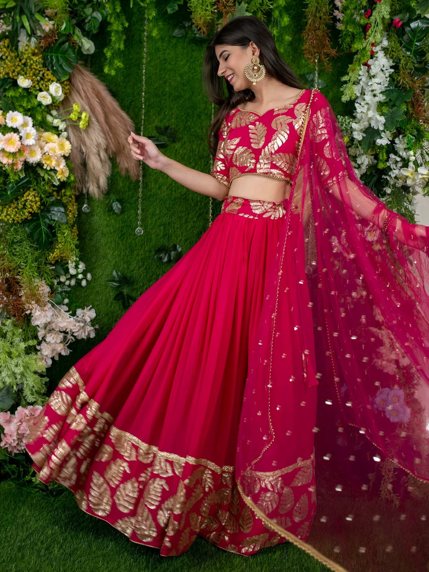 Hot Pink Designer Lehenga with Golden Leaf Embroidery
