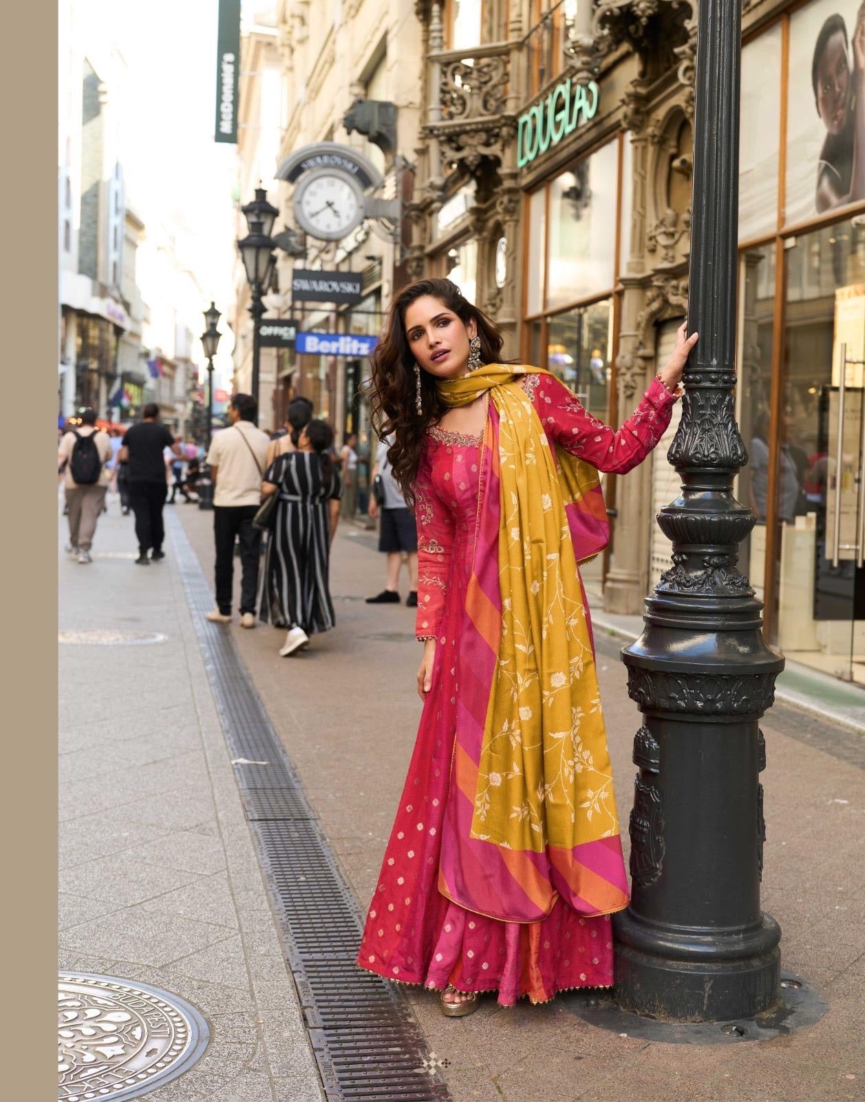 Stunning floor-length Anarkali gown with dupatta