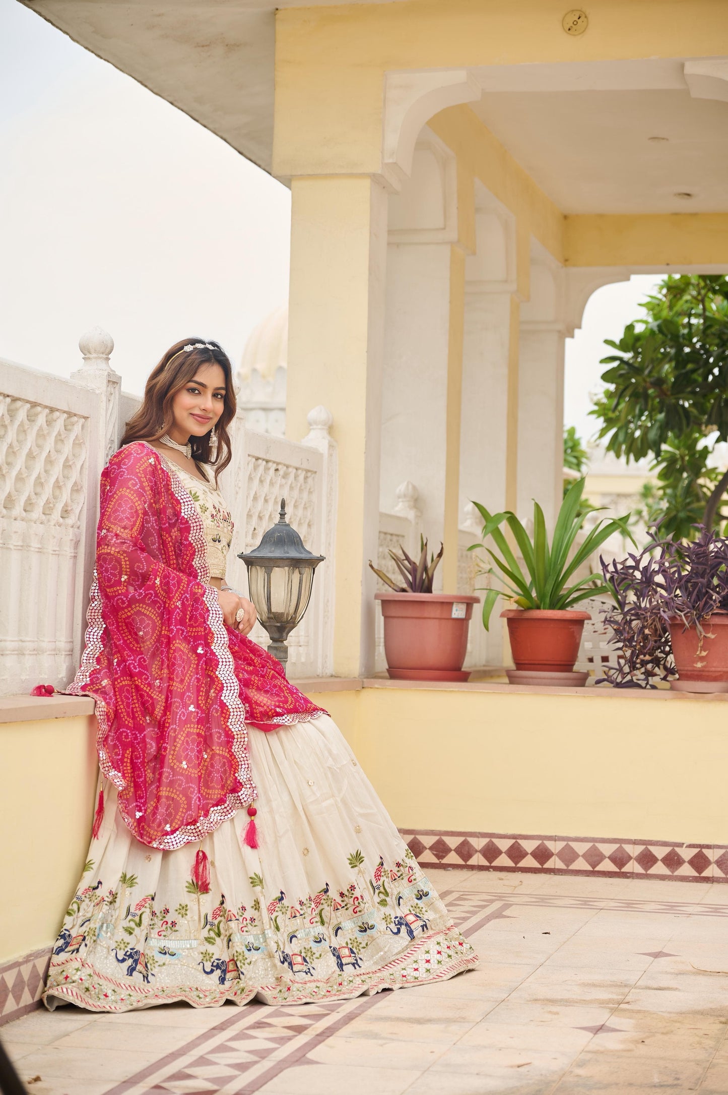Ivory Elephant Motif Embroidered Lehenga Set with Bandhani Dupatta